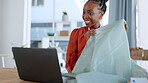 Video call, black woman stylist and textile designer on a online meeting in a creative studio. Talking, work communication and fashion design project of a retail shopping assistant in a office