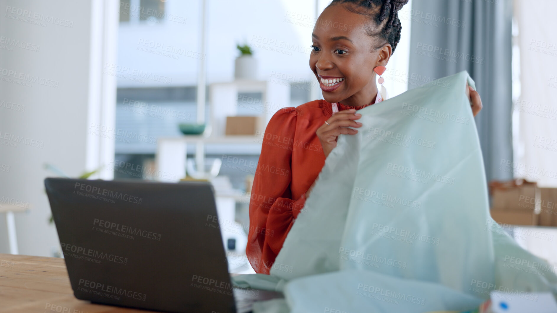 Buy stock photo Fashion designer, fabric and black woman on video call on laptop with texture, pattern and material for client. Creative business, workshop and person on computer for clothes, shopping or boutique