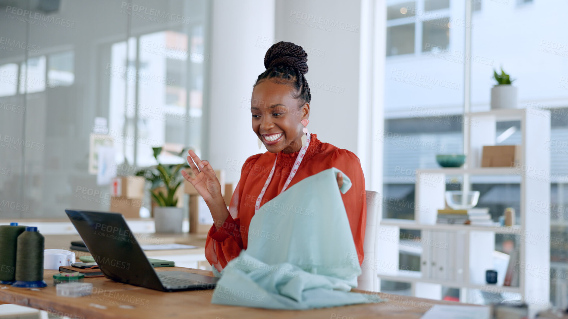 Buy stock photo Fashion, designer and black woman on video call on laptop with fabric, pattern and material for client. Communication, workshop and person on computer for creative startup, small business or boutique