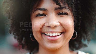 Buy stock photo Closeup, portrait and a happy woman or student standing on campus for a class. Face, smile and a beautiful young girl with an afro at college in the morning for education or journalism career