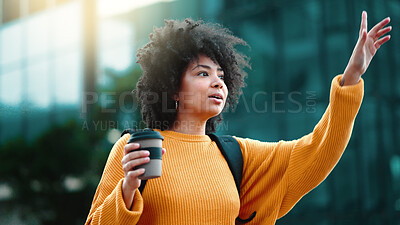 Buy stock photo City, taxi and woman stop a ride with morning coffee, sunshine and on urban travel on a street in summer. Girl, outdoor and person waiting for transport or bus service as commute in a town with tea