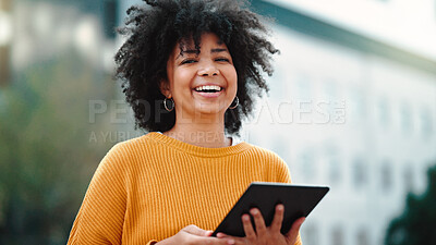 Buy stock photo Tablet, urban portrait and happy woman laughing at social media post, funny blog or communication joke, humour or meme. City comedy, web comic and tech person search internet, website or application 