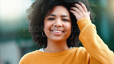 Buy stock photo Portrait, happy woman or student with smile, afro and confidence for hair care, natural and salon treatment. African person, young and proud with choice for healthy, style and trendy for wellness
