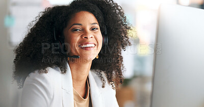 Call center or customer support agent looking happy while wearing headphones and working inside. Portrait of a laughing remote worker enjoying her job, offering great service and explaining products