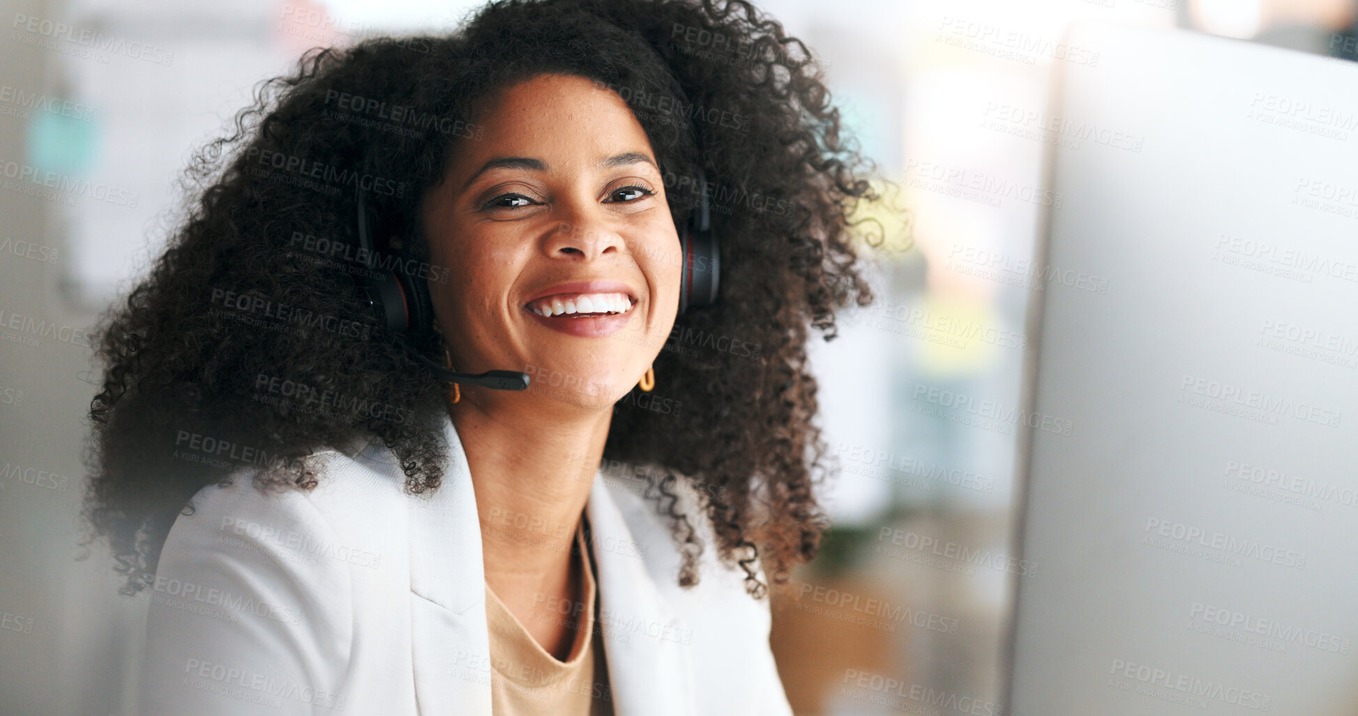 Buy stock photo Call center woman, portrait and smile by computer, mic or customer service with voip tech in office. African crm, happy and consulting for tech support, contact us or telemarketing agent at help desk