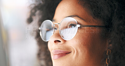 Closeup of thinking businesswoman wearing vision optometry glasses and looking confident, assertive and ready for success. Face of successful entrepreneur or visionary, proud of startup achievement
