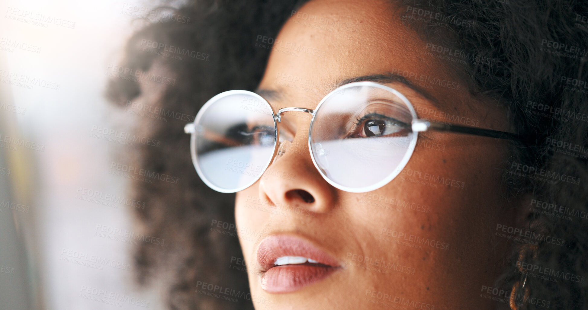 Buy stock photo Woman, glasses or reading on computer for web design of website or internet for a software update. Face, online blog or designer working on PC technology or SEO research at startup for a solution