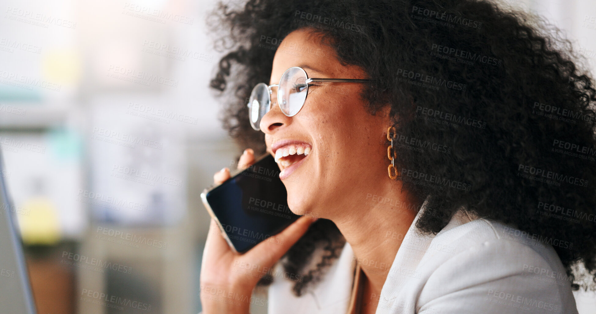 Buy stock photo Funny, business deal or happy woman on a phone call talking, communication or speaking of ideas. Laugh, contact or friendly female employee networking in mobile conversation or negotiation in office