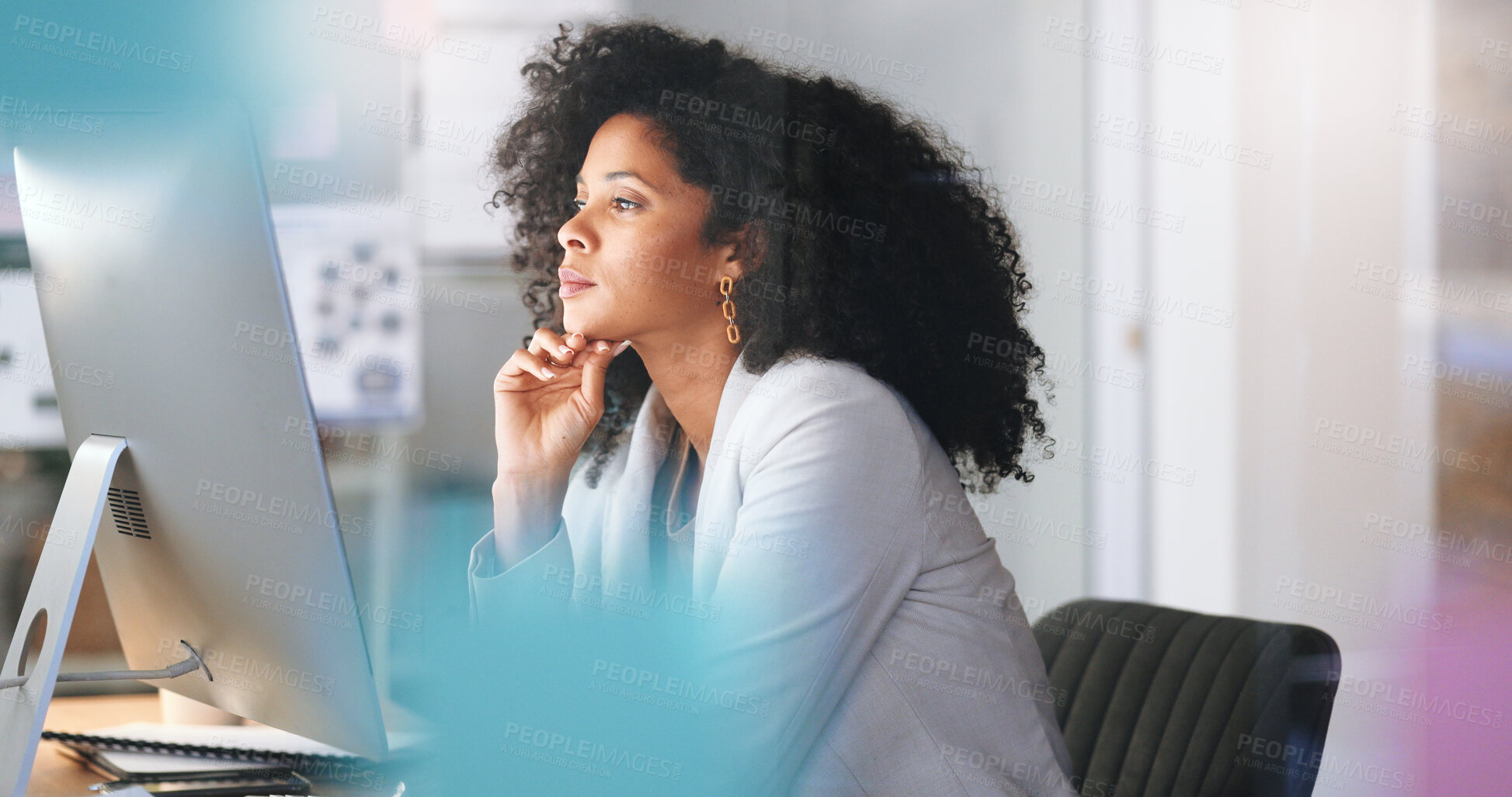 Buy stock photo Woman, computer or reading online for web design of website for a software update in a digital agency. IT, news blog or designer working on PC technology, SEO or research at startup for a solution 