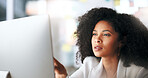 Female IT Manager working on a desktop computer. Happy Information Technology operation professional or expert doing software management for work efficiency in tech organization or business company