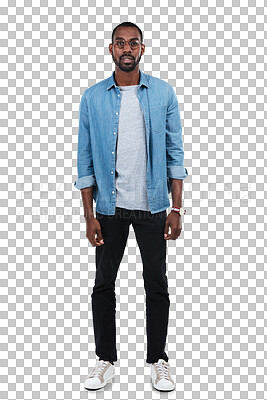 Portrait, fashion and a model black man on an isolated and transparent png background for denim clothes. Style, casual person and a handsome young male posing