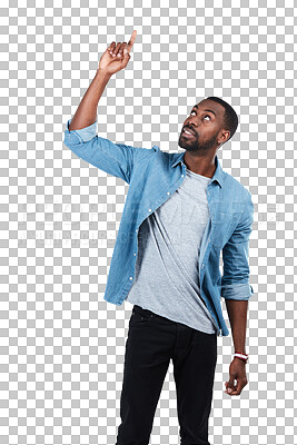 Idea, pointing up and a black man with question, product and deal choice on an isolated and transparent png background. Target, solution and sales guy and hand gesture for discount or decision