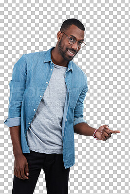 Happy, pointing and portrait of black man with idea for question, product or deal choice on an isolated and transparent png background. Promotion, smile and offer with guy for goal or decision