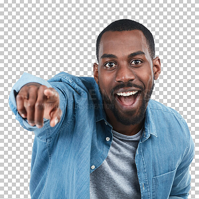 Black man, pointing and portrait with smile, excited and motivation on an isolated and transparent png background. African model, man and happy with hand sign for direction, vision and future