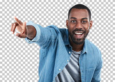 Black man, portrait and pointing for happiness, excited or motivation on an isolated and transparent png background. African model, man and happy with hand sign for direction, vision or goals