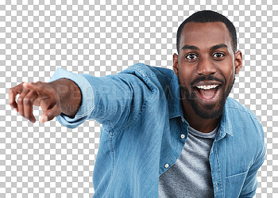 Portrait, black man and pointing for decision with smile on an isolated and transparent png background. Face of a male person with gesture for product placement, choice and wow