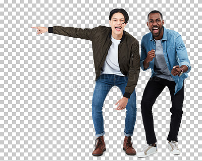 Portrait and men pointing to advertising space or product placement on an isolated, transparent png background. Friends, motivation and excited smile in celebration of winning in marketing success