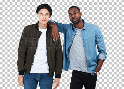 Two young men, portrait and friends at college for confidence, motivation or goals on an isolated, transparent png background. Gen z students, black man and asian man with diversity and solidarity