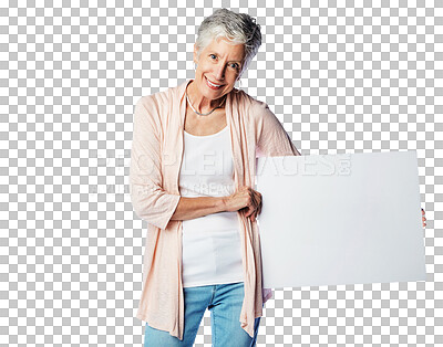 a happy senior woman holding a blank placard against isolated on a png background