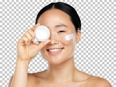 Cream, eye skincare and woman with natural wellness product Portrait of happy asian beauty model smile with pot of facial lotion with mock up space isolated on a png background