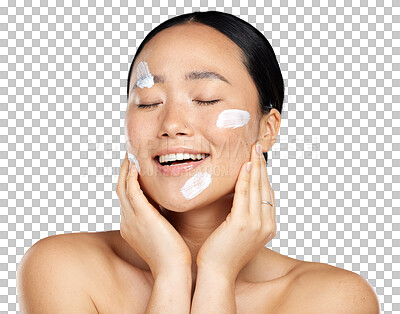 Beauty, skincare and facial product with woman and cream on face for wellness, spa and clean. Sunscreen, cosmetics and health with asian girl for luxury, salon and model lifestyle isolated on a png background
