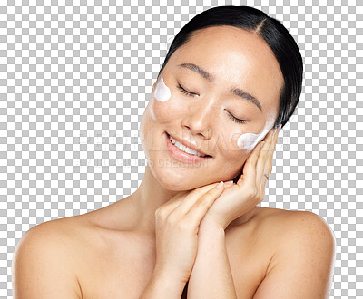 Asian woman, cream and skincare for wellness, natural beauty and healthy with cosmetics in isolated on a png background. Moisturizer, young girl and confident lady with lotion, organic facial and smooth skin.