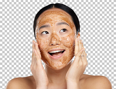 Skincare, exfoliate and asian woman face mask for healthy, smooth and soft skin and happy with cosmetic result. Beauty model with facial cleaning product with smile and wellness to prevent dry acne isolated on a png background