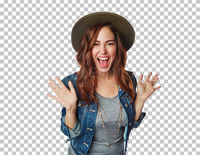 Surprised woman, portrait or fashion hat on an isolated, transparent png background in trendy, cool or brand style. Smile, happy or excited gen z model and wow facial expression for clothing sales