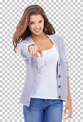 A beautiful young woman pointing at you while isolated on a png background