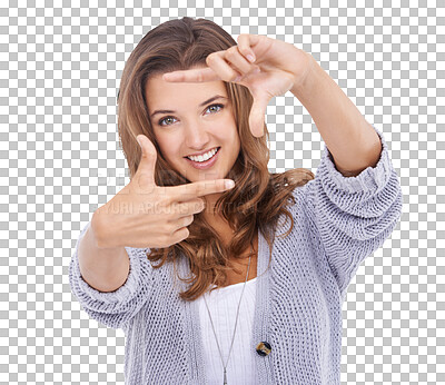 A gorgeous young woman framing you with her hands while isolated on a png background