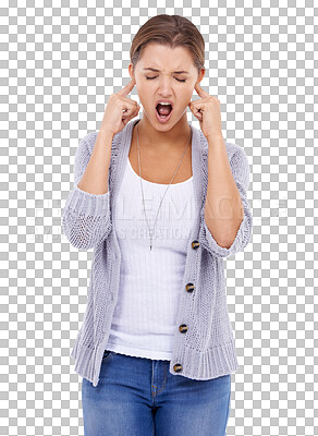 A young woman blocking her ears with an expression of annoyance isolated on a png background