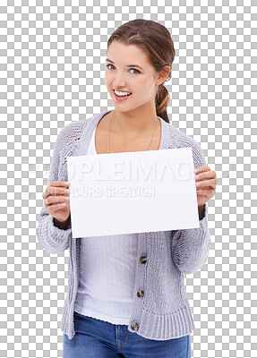 A gorgeous young woman holding a placard while isolated on a png background