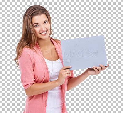A beautiful young woman holding a blank placard isolated on a png background