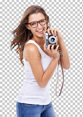 Studio portrait of a young woman holding a vintage camera isolated on a png background