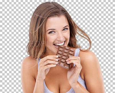 An attractive young woman eating a slab of chocolate isolated on a png background
