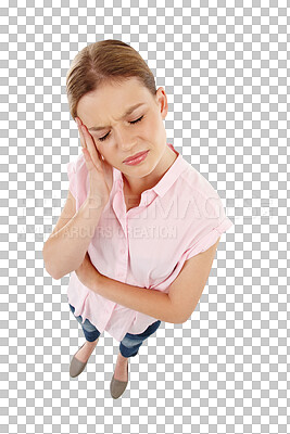 A woman suffering from a headache and feeling stressed because of chronic pain while. Depressed female standing with her eyes closed and her hand against her face isolated on a png background