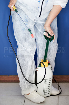 Buy stock photo Pest control, disinfection and biohazard  with woman and fumigator for home improvement and treatment in closeup. Risk, protection and health with female exterminator for cleaning, spray and hygiene