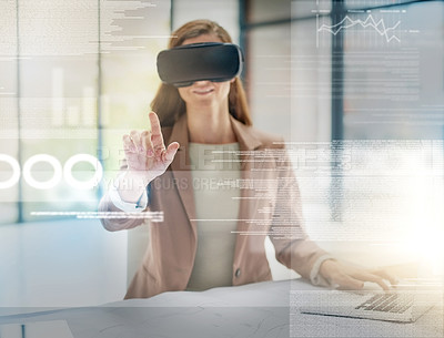 Buy stock photo Business woman, VR and analytics on overlay for future data, technology or innovation at the office. Happy female person or employee smiling in virtual reality, metaverse or futuristic dashboard