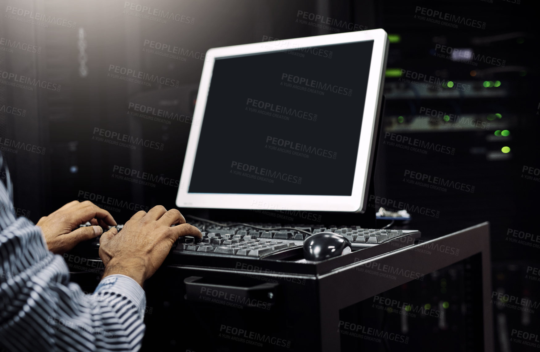 Buy stock photo Hands, person or coding on computer in server room for big data, tech glitch or digital website at night. Support, hacker or technician typing testing UX screen, programming or software development