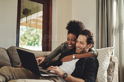 Buy stock photo Laptop, relax and diversity with a couple watching a movie using an online subscription service for entertainment. Computer, streaming or internet with a man and woman bonding together over a video