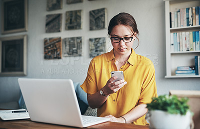Buy stock photo Phone, laptop and search with woman in home office for networking, social media and remote worker. Communication, contact and internet with female freelancer for technology, blog and email planning