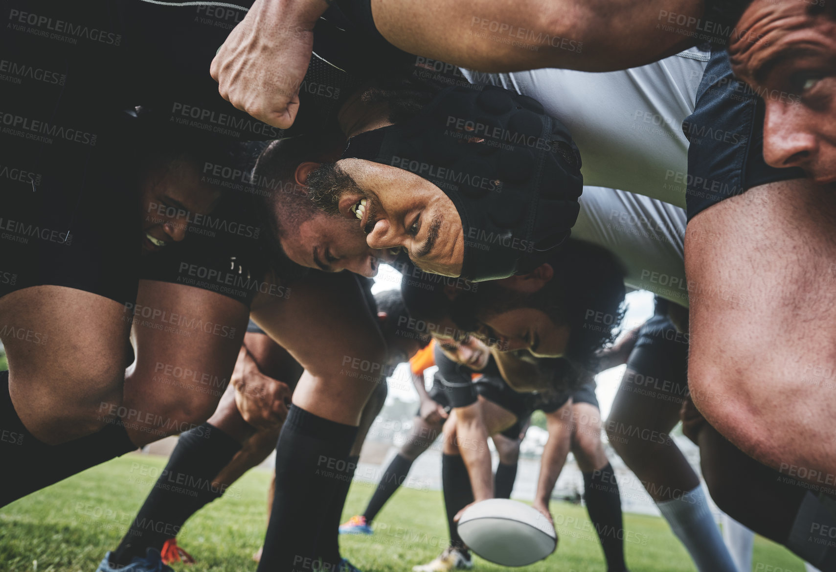 Buy stock photo Sports, rugby and players in a scrum on a field during a game, workout or training in a stadium. Fitness, performance and group of athletes in position on an outdoor grass pitch for match or practice