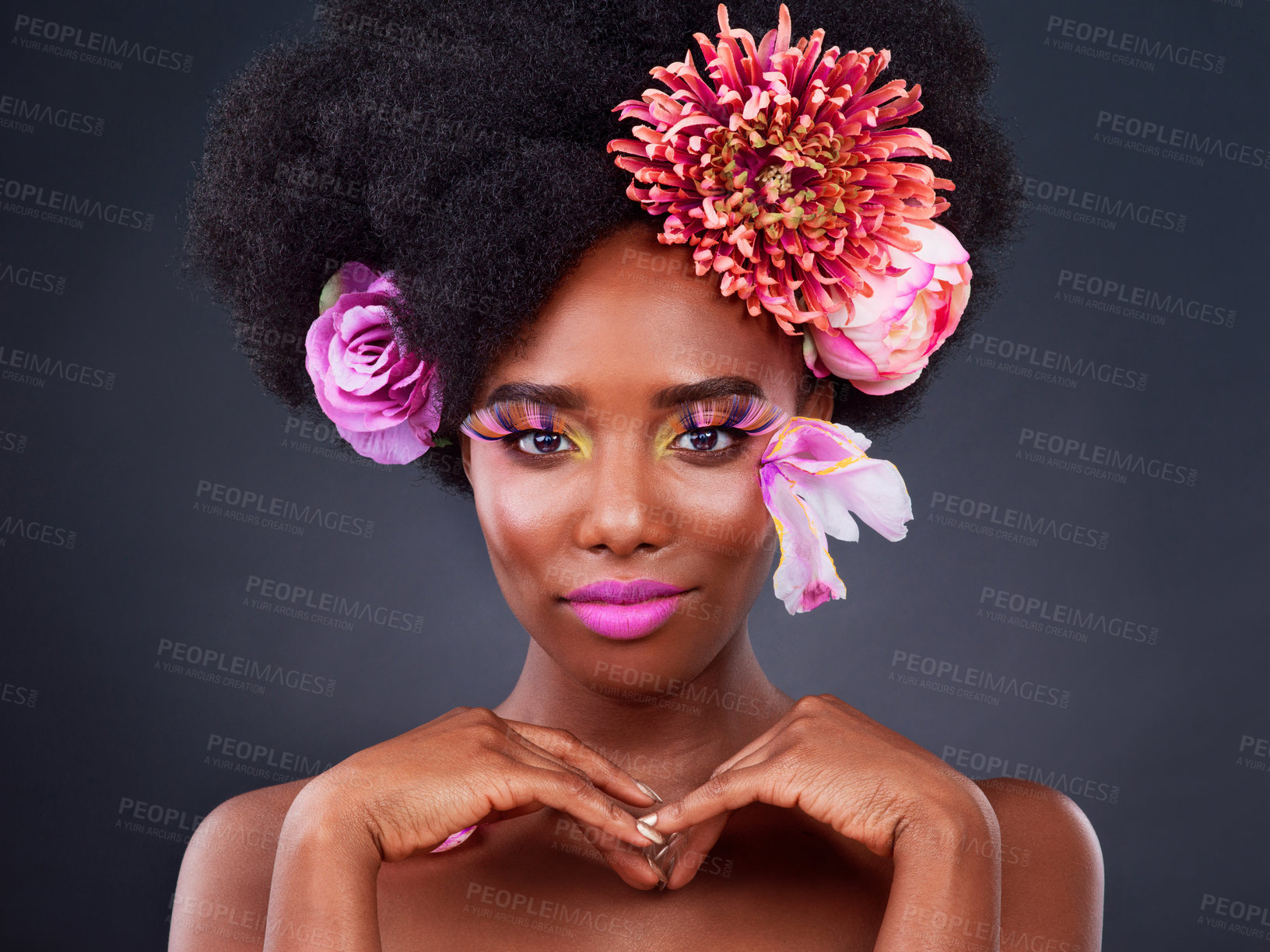 Buy stock photo Makeup, flowers and portrait of black woman in studio for beauty, creative and spring. Natural, cosmetics and floral with african model isolated on black background for color, self love or confidence