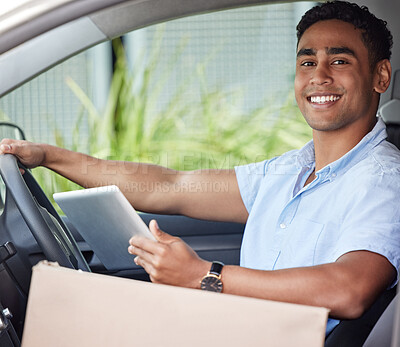 Buy stock photo Portrait, tablet and logistics with a man in a van searching for directions to a location or address for shipping. Ecommerce, delivery and supply chain with a young male courier driving a vehicle