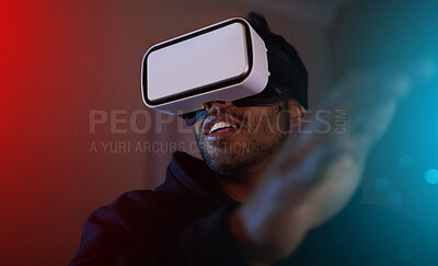 Buy stock photo Man in dark room, video game and VR goggles, online streaming with gaming, metaverse and esports. Neon, cyber space with male streamer and future technology with games and virtual reality simulation