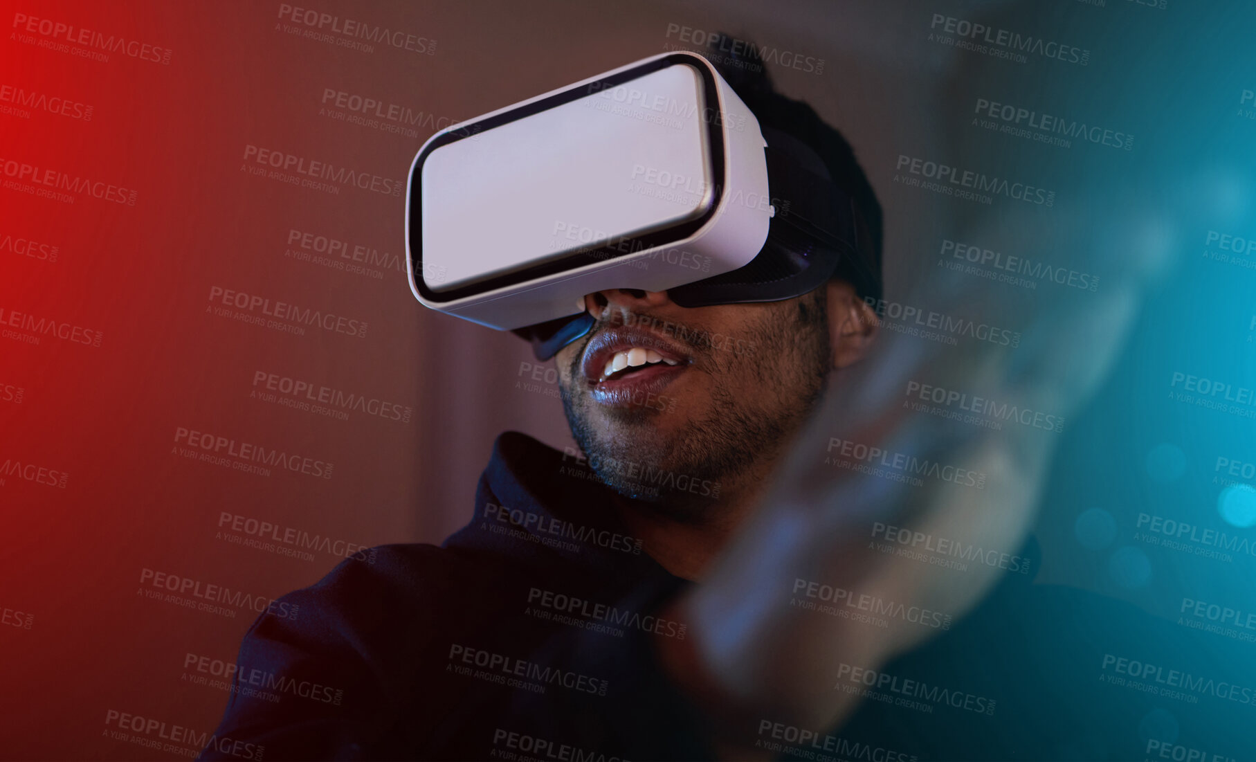 Buy stock photo Man in dark room, video game and VR goggles, online streaming with gaming, metaverse and esports. Neon, cyber space with male streamer and future technology with games and virtual reality simulation