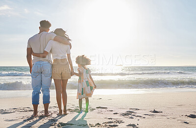 Buy stock photo Family, back with parents and child on beach, travel and people together on sand with sea view and mockup space. Love, care and sun, man with woman and girl outdoor, tourism and vacation in Mexico