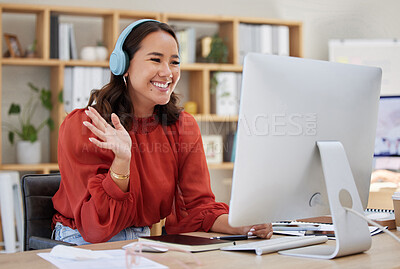Buy stock photo Headphones, computer and woman video call, webinar or virtual meeting, talking and online networking in business office. Happy Asian person wave hello on her desktop pc in client chat at tech company