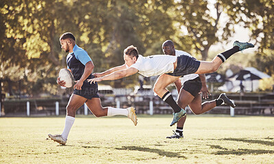 Buy stock photo Sports, rugby and men in action on field for match, practice and game in tournament or competition. Fitness, teamwork and strong players tackle for exercise, training and performance to win ball