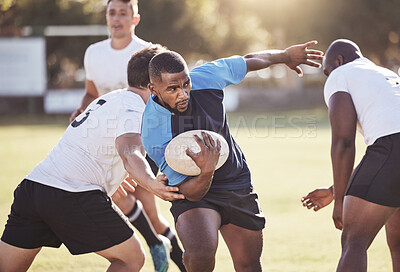 Buy stock photo Sports, rugby and men running on field for match, practice and game in tournament or competition. Fitness, teamwork and group of players tackle for exercise, training and performance to win ball